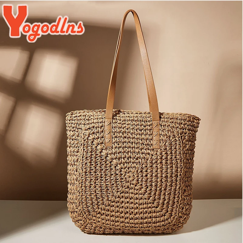 Yogodlns Summer Large Capacity Straw Shoulder Bag Rattan Beach Bags Woven Handle Bag Casual Lady Totes Shopping Handbag Clutch