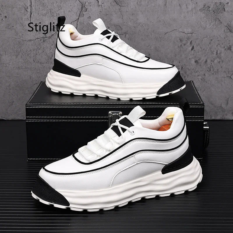 Casual Sneakers Shoes for Men Leather Thick Sole Breathable Mixed Colors Outdoor Walking Running Hiking Sports Shoes Male