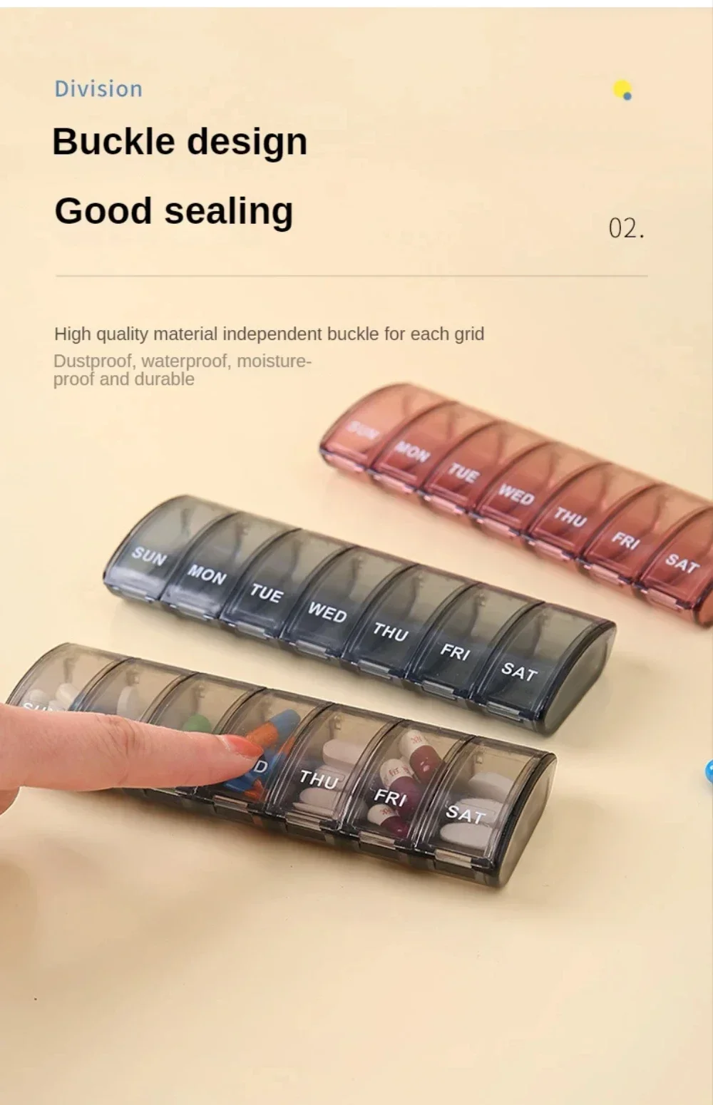 Pillendose für 7 Tage, Medikamentenbox, Wöchentlicher Pillenorganizer für Vitamine, Fischöle, Nahrungsergänzungsmittel und Medikamente für Reisen und Arbeit – Detail 4