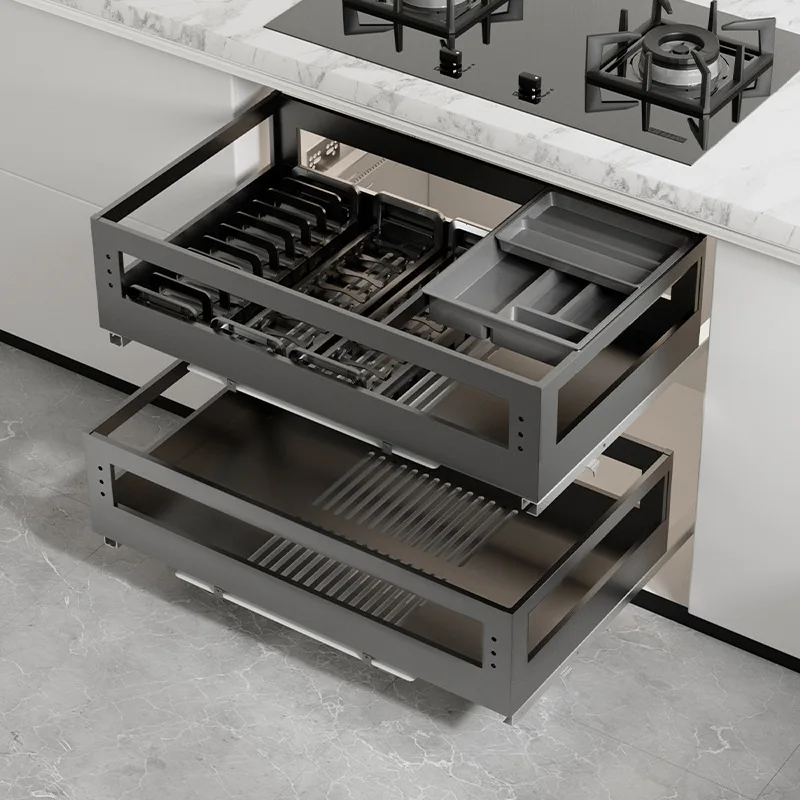 

Basket Kitchen Cabinet 304 Stainless Steel Double Drawer Bowl Rack Storage Shelf Seasoning Cabinet Basket Blue