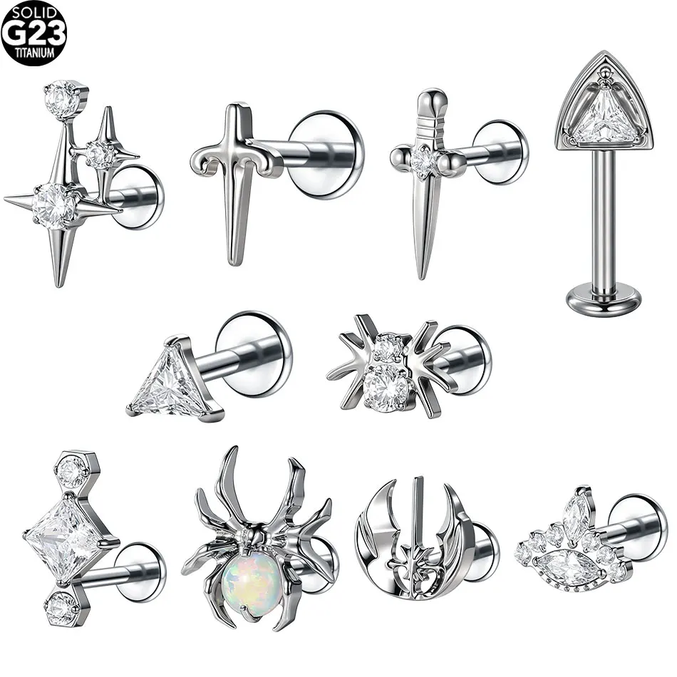 1PC Titanium Ear Cartilage Piercings Flat Back Stud Earring Internal Thread Spider Cross CZ Helix Tragus Piercing Jewelry 16G