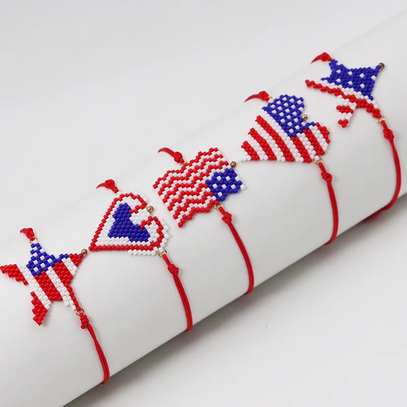 ZGMXR Bohemia Fashion Beaded Bracelet Hand-Knitted with Five-Pointed Star & Heart Rice Beads Independence Day Theme  Accessory