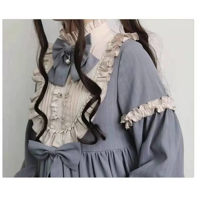 Classical vintage lolita dress for women soft sisters temperament long sleeve girls op sweet cute daily bow ruffle dress oi5844