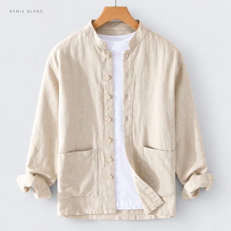 Men Ramie Cotton Blend Stand Collar Long Sleeve Shirt Loose Fit Chinese Style Button Front Patch Pockets Spring Autumn Top