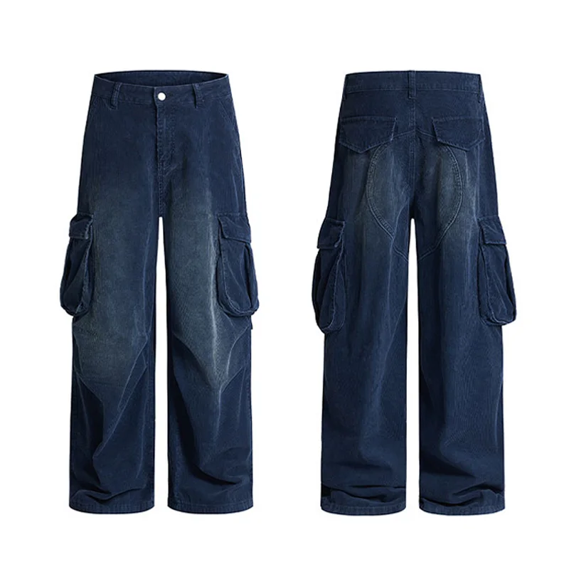

Autumn Winter Blue Corduroy Cargo Pant Men Japanese Streetwear Fashion Loose Casual Wide Leg Track Baggy Pant Man Trousers