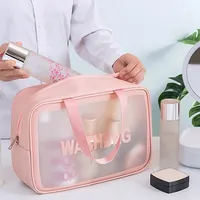1pc Pu Transparent Three Piece Makeup And Toiletries Bag, Large Capacity Pvc Semi Transparent Frosted Portable Storage Bag 3