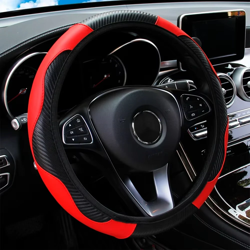 Car Steering Wheel Cover Breathable Anti Slip PU Leather Steering Covers Suitable 38cm Auto Decoration Carbon Fiber