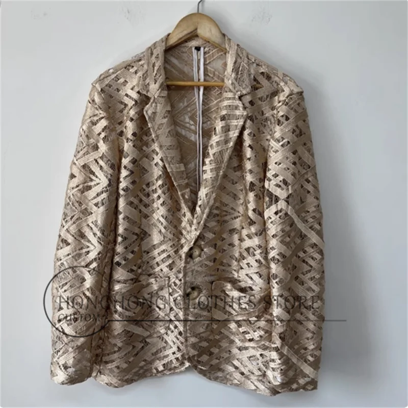 Champagne gold heavy embroidery and hollowed-out design coat, high-quality casual custom-sized suit