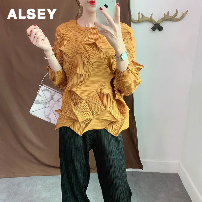 

ALSEY Miyake Diamond Pleated Casual Fashion Women Loose Tee T-shirt for Women's Antumn New Solid Color Three Quarter Sleeve Tops