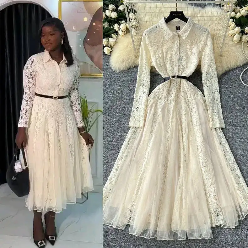 Frauen Französisch Vintage Elegante Kleid Herbst Winter Häkeln Spitze Patchwork Mesh Unregelmäßige Lange Kleider Damen Hemd Lange Robe