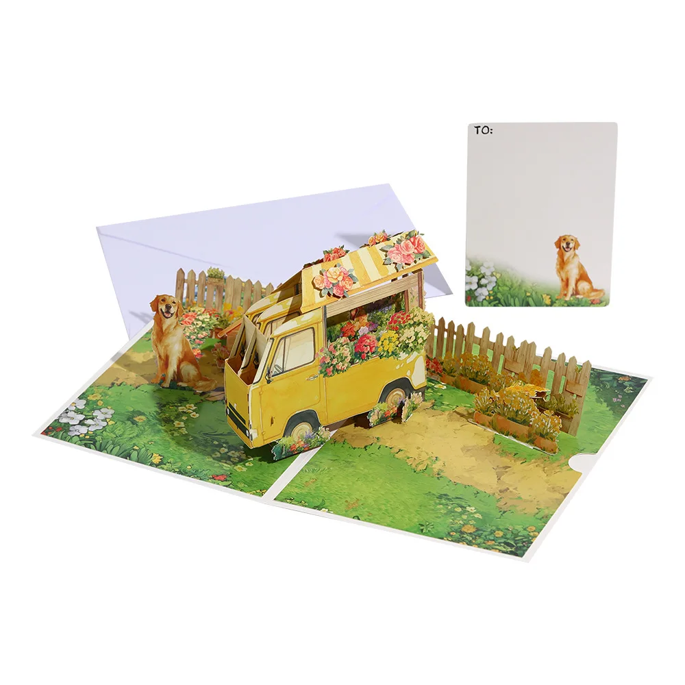 

New Creative Dog Camper Greeting Cards for Friends 3D Paper Sculpture Small Cards for Family Blessing Greeting Cards