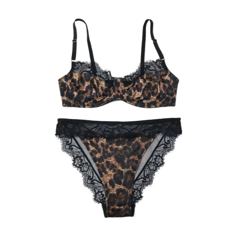 Sexy leopard underwear female black lace thin lingerie with steel ring large breasts show small bra briefs set