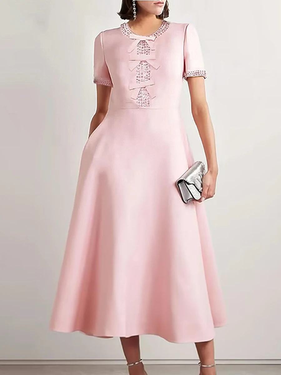 

Bow Knot Rhinestone Maxi Dress Women Spring Summer Short Sleeve A Line Slim Robes Elegant Evening Party Long Dress Gown 2026