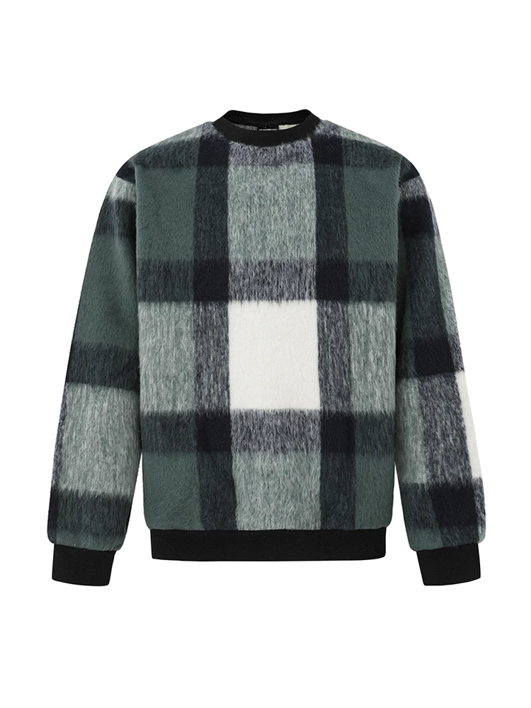 Syuhgfa-メンズモヘアニットルーズプルオーバー、カジュアルラウンドカラーセーター、チェック柄コントラクトカラー、メンズウィンタートップス、ニッチ、2024