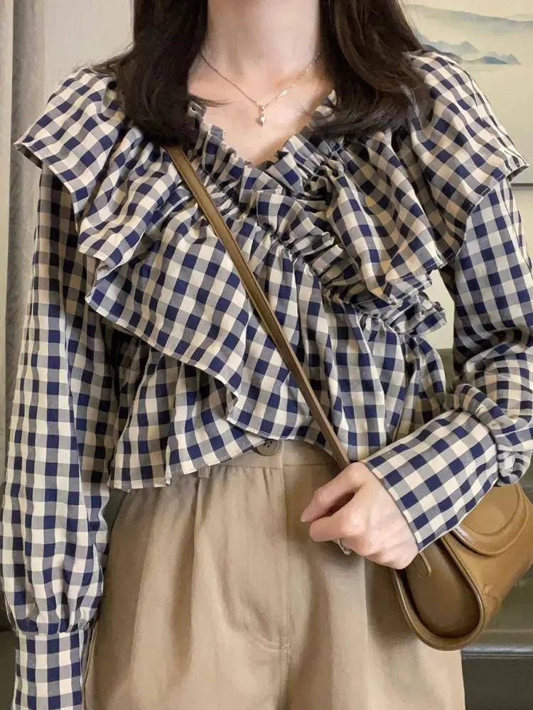 Plaid Blouses Women Ruffles Lovely Schoolgirls Elegant Creativity New Personality All-match Daily Simple Korean Style Leisure