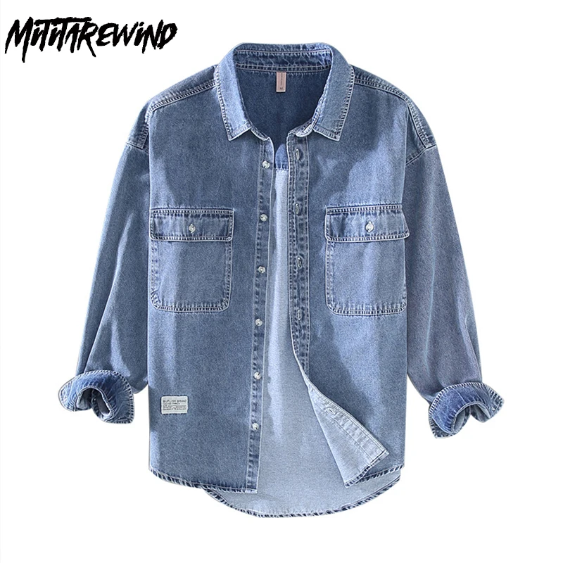 

Japanese Long Sleeve Denim Shirt Men Daily Causal Jean Tops Pure Cotton Pockets Light Blue Shirts Youth Fashion Vintage Clothes