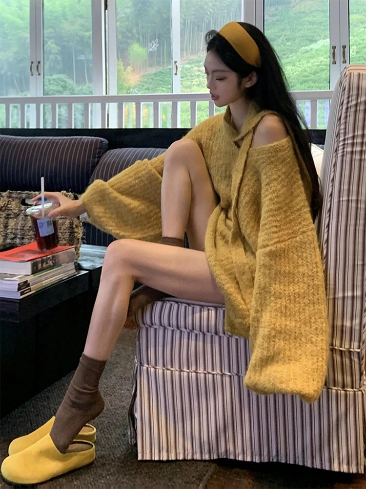黄色のロングニットセーター レディース ゆったり ラフ スリーブレス デザイン 秋冬 韓国風 ルーズフィットトップ
