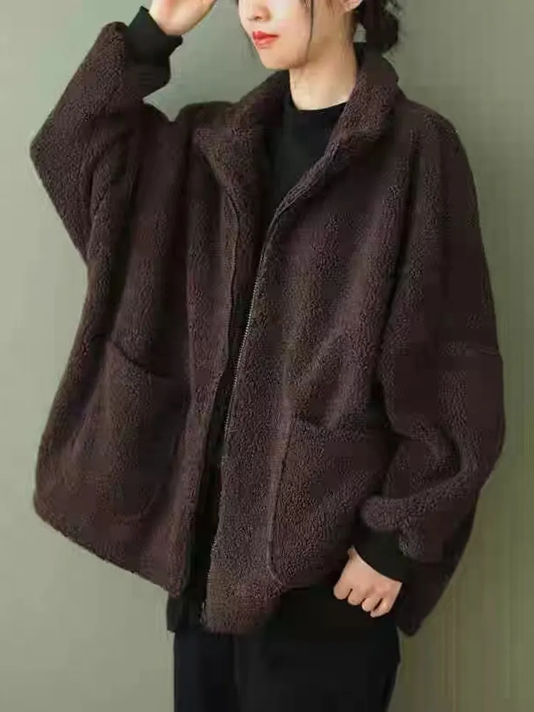 

plus Size Women's Lamb Fur Jacket Autumn Winter New Style High Sensation Open Cardigan Warm Loose Thickened Cotton Coat