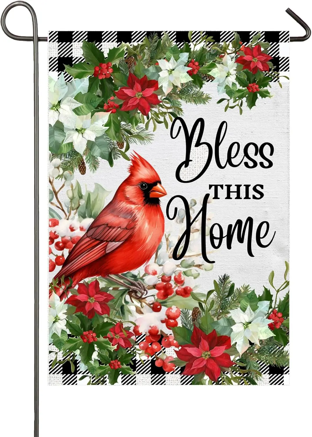 Bless This Home Cardinal Garden Flag Winter Poinsettia Christmas Cardinal Garden Flag 12x18 Double Sided Buffalo Plaid Red Bird