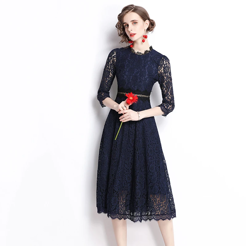 Summer Fashion Elegant Slim Hollow Out Lace Dress Woman Clothing Vestidos Robe Dentelle Jurken