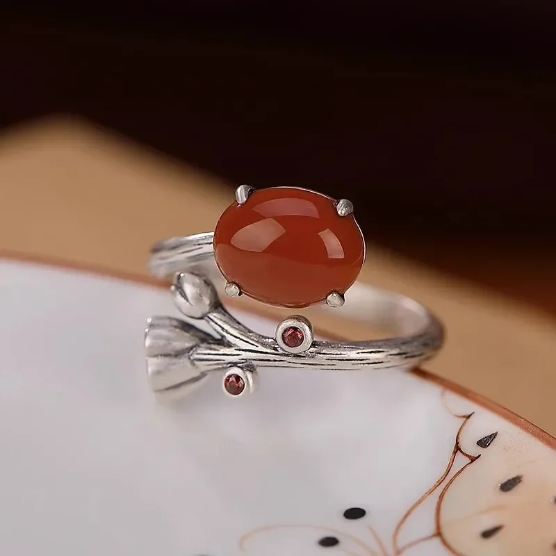 925 Silver Southern Red Tourmaline Vintage Rings for Women Lotus flower Chinese Style Simplicity Ring Elegant Classic Jewelry