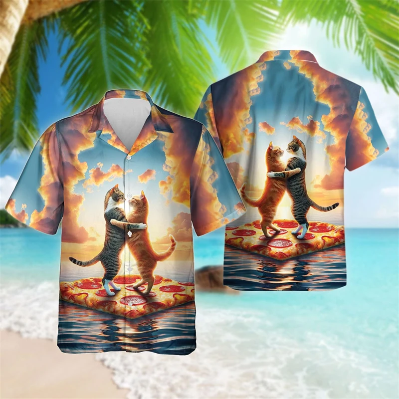 Camisa estampada para homens e mulheres 3D Cat Surfing, blusa havaiana de manga curta, streetwear casual, moda engraçada, roupas masculinas