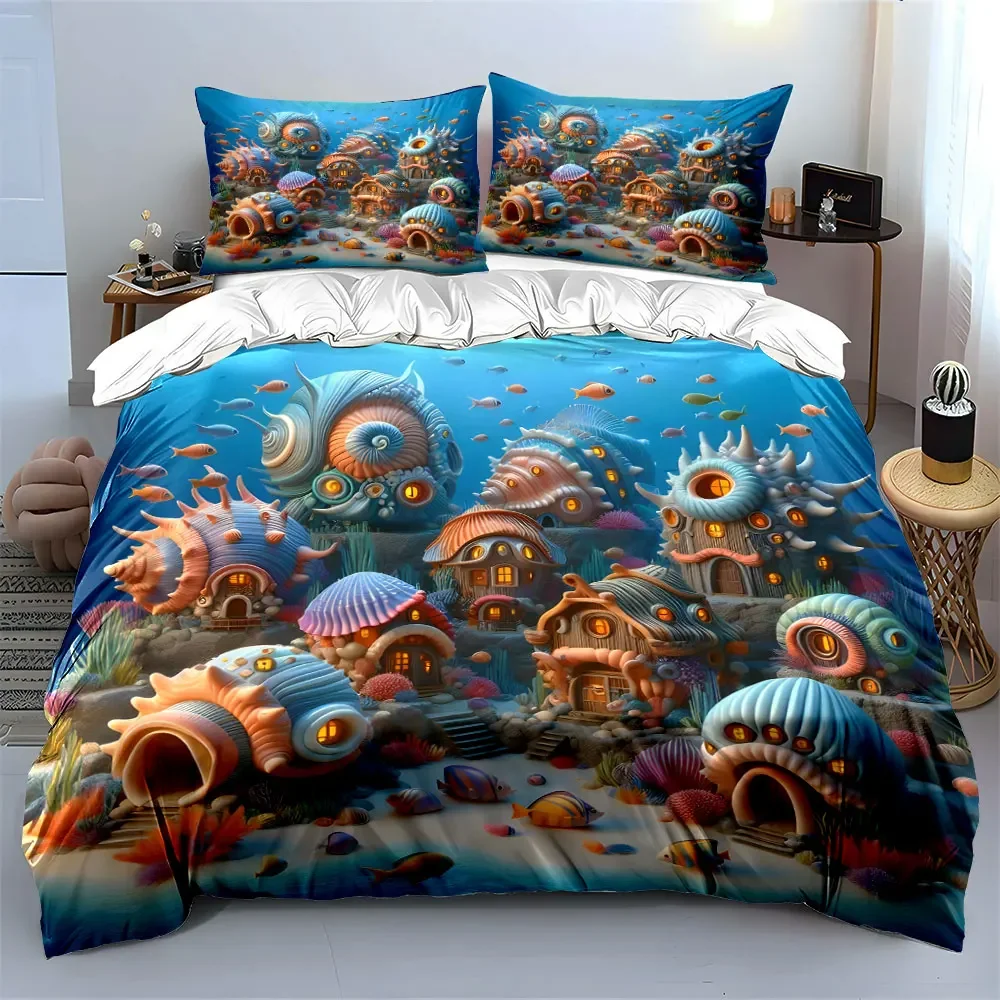 Underwater Shell House Decorations Bedding Set with 1 Duvet Cover 2 Pillowcases Single Double King Queen, Gift