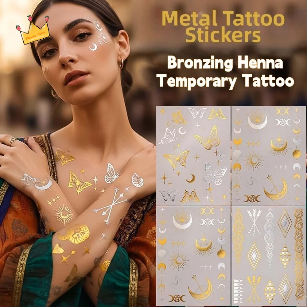 

Наклейки для мехенди: бронзовые тату-наклейки хной, бабочки, змеи, звезды, луны, золотые тату-декали хной, фальшивые татуировки, индийские цветочные тотемы