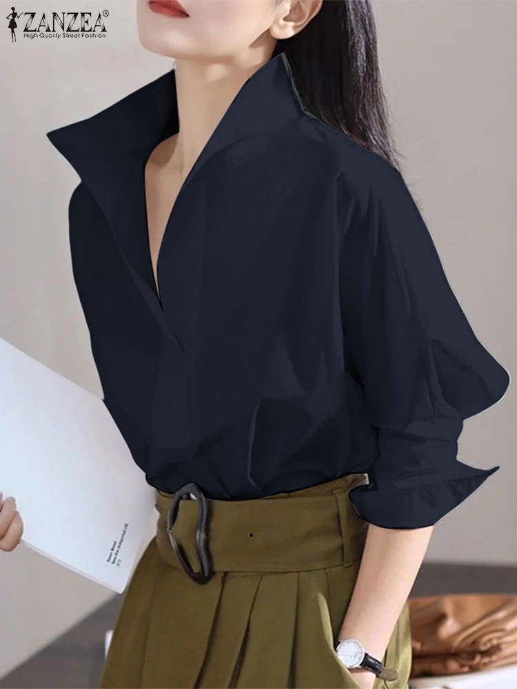 

ZANZEA Elegant Autumn Shirts Women Solid Fashion Blouses 3/4 Lantern Sleeve Stand Collar Tunic Tops 2025 Buttons Office Blusas
