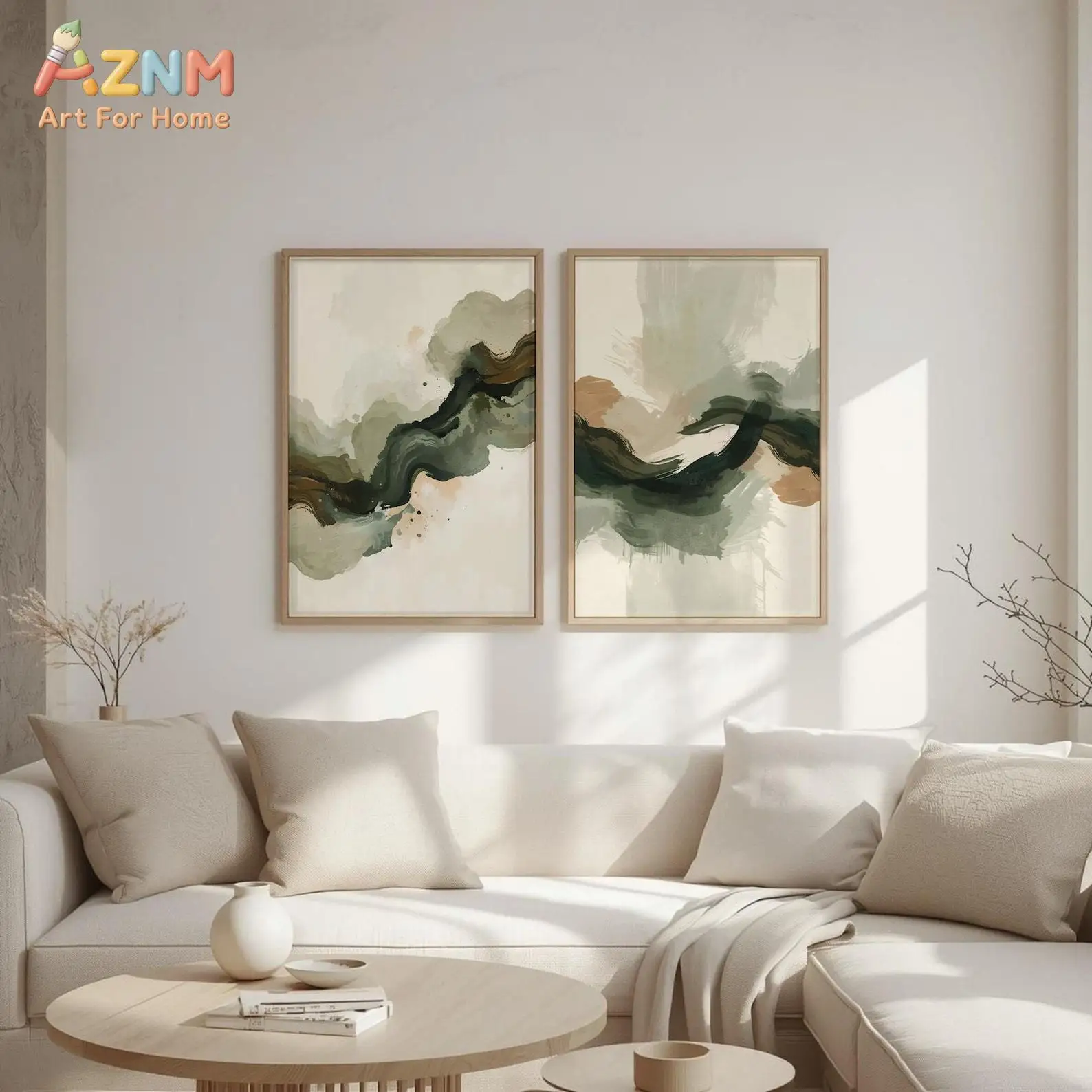 Sage Green Beige Brushstroke Abstract Canvas Wall Art Neutral Watercolor Print Unframed Canvas Painting Wabi Sabi Home Decor