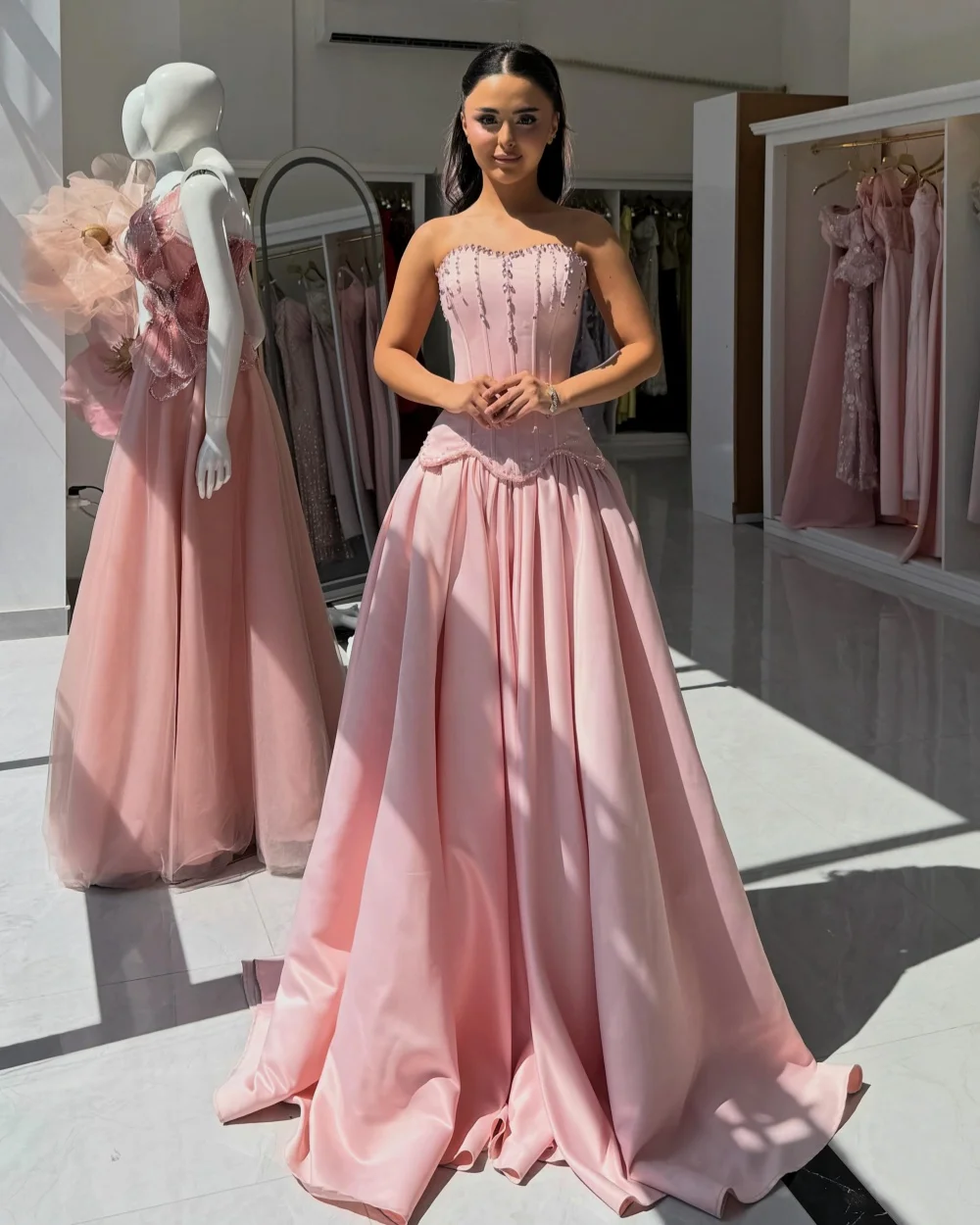 

Customized High Quality Women Jersey Rhinestone Beading A-Line Evening Dresses Fashion Strapless Sleeveless Long Prom Dresses