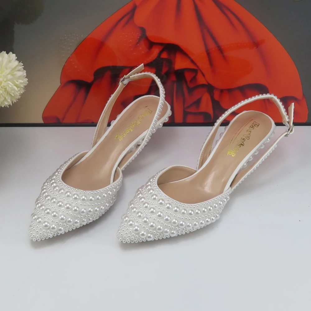 BaoYaFang Pointed Toe Pearl Bridal wedding shoes for Women Thin Heel Slingbacks Female Ladies Party Shoe Shallow Women Shoes