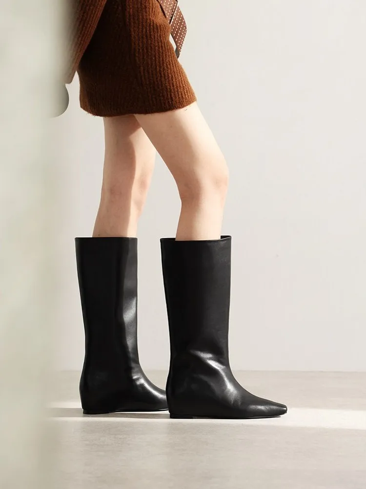 Female Winter New Motorcycle Riding Square Toe Slip On Heels Knee High Boots Elegant Women Fashion Cowhide Genuine Leather Shoes