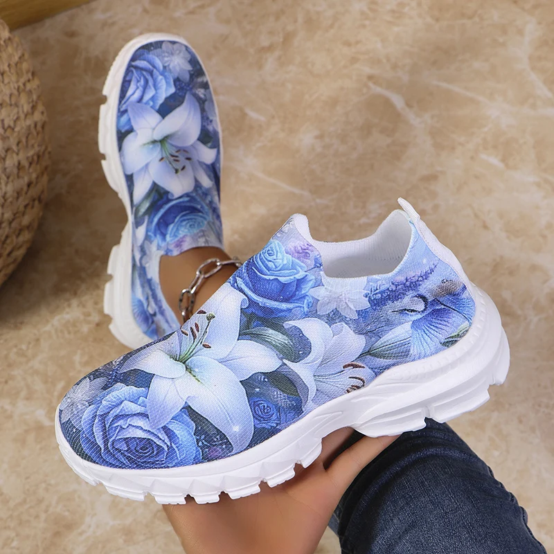 Fashion Flowers Platform Sneakers Women Autumn Breathable Knitted Non-slip Sports Shoes Woman Slip-on Soft Bottom Sock Shoes