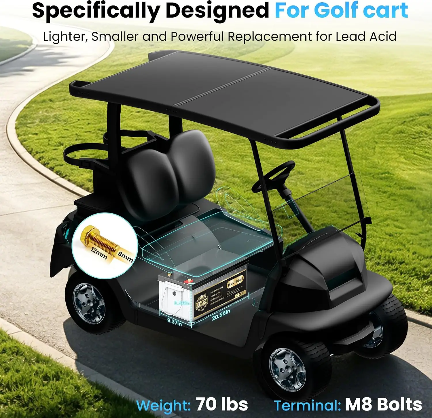 36 Volt 105Ah LiFePO4 Battery Built-in 200A BMS, Max Peak Current 1000A, Max 7.68kW Power Output with 25A Charger for Golf Cart