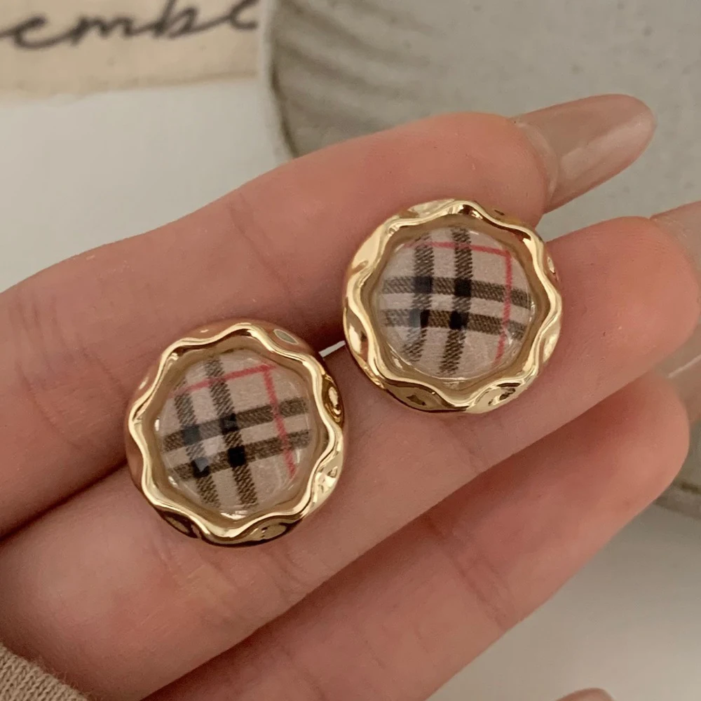 Transparent Acrylic Bead Round Stud Earrings for Women Golden Frame Plaid Pattern Earrings Cute Small Party Jewelry Gift