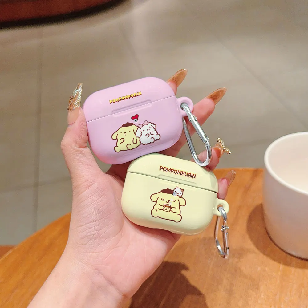 Cute Sanrio PomPomPurin Shockproof Protective Glossy HD Hard PC Earphone Cover Case For AirPods 1 2 3 Pro Pro2 with Metal Hook