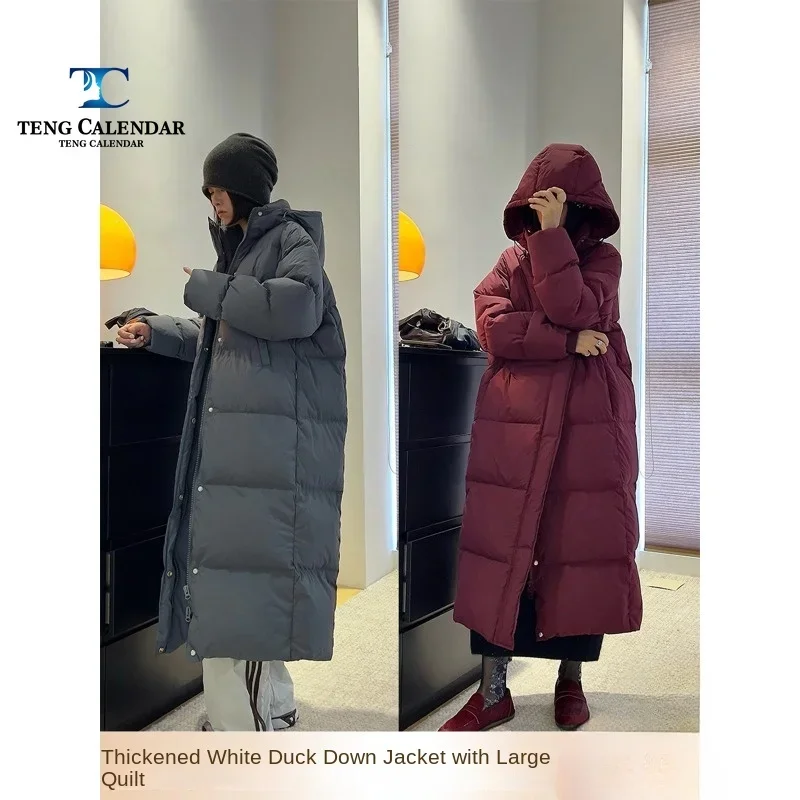 White Duck Down Jacket for Women, Long Duvet Over the Knee, Loose and Thick Hooded Jacket, New Style, Winter