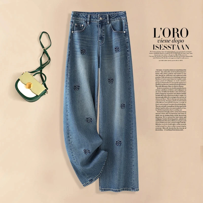 

High Waist Embroidered Casual Wide Leg Jeans Women's Spring Long Straight Cut Fashion Retro 2025 Standard Fit Blue Denim