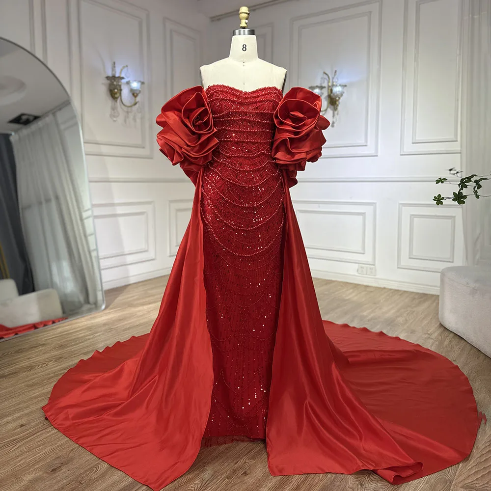 Serene Hill Customized Red Long Cape Pearls Beaded Mermaid Evening Dresses Gowns For Formal Occasion 2025 BLA72585A