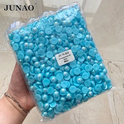 JUNAO 2 4 6 8 10 12 14mm Aquamarine AB Imitation Flatback Pearls Half Round Pearl ABS Plastic Rhinestones Beads For DYI Jewelry