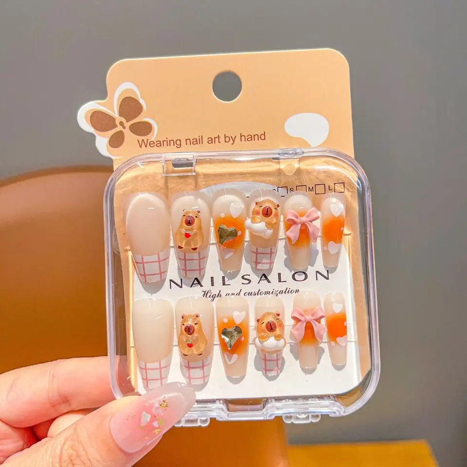 Uñas postizas de caricatura para niños con corazón de cereza, adhesivas, largas y lindas para niñas y estudiantes 5