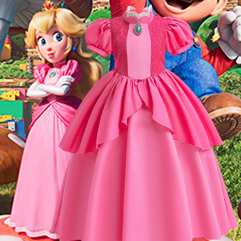 Princesa Peach Dresses Girls Fantasy Cosplay Game Performance Costumes Kids Halloween Role Play Birthday Party Clothes Vestidos