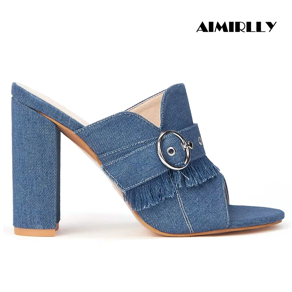 Sandalias elegantes para mujer, zapatos de tacón alto con punta abierta azul Demin, calzado informal para primavera y verano, tacón de bloque personalizado