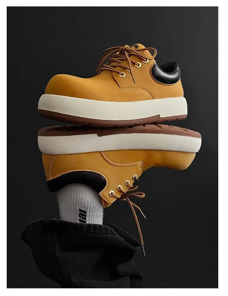 2025 أزياء الرجال القبيح لطيف كبير مصقول وقديم براون جلد غير رسمي المرأة الارتفاع زيادة أحذية بوت قصيرة