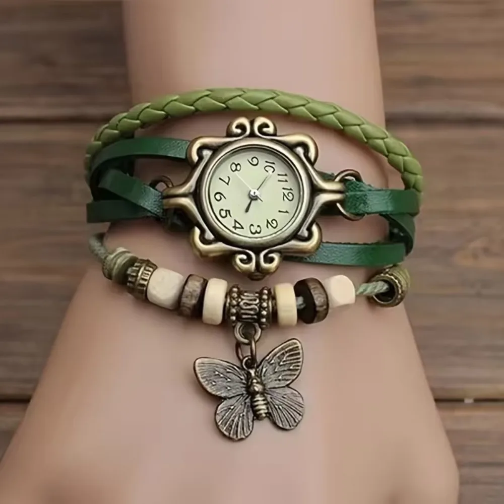 Antique Vintage Bracelet Watch Butterfly Charm Quartz Movement Wrap Bracelet Watch PU Leather Leather Wrapped Quartz Watch Gift