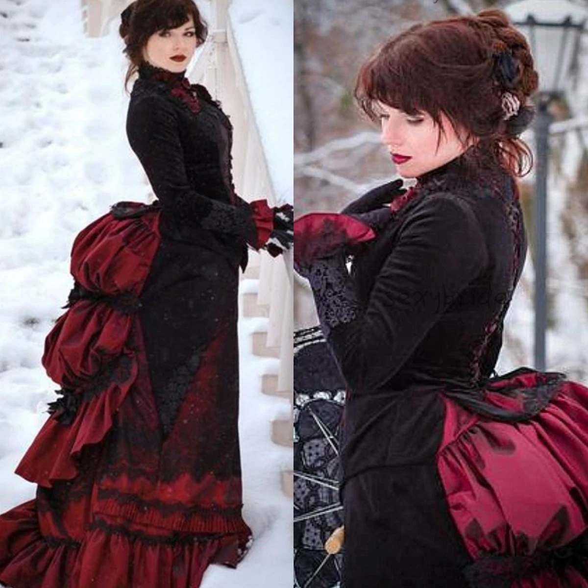 Vintage Gothic Victorian Wedding Dress Black burgundy Floral Bustle Ruched Skirt Lace-up Corset Autumn Winter Bride Gown