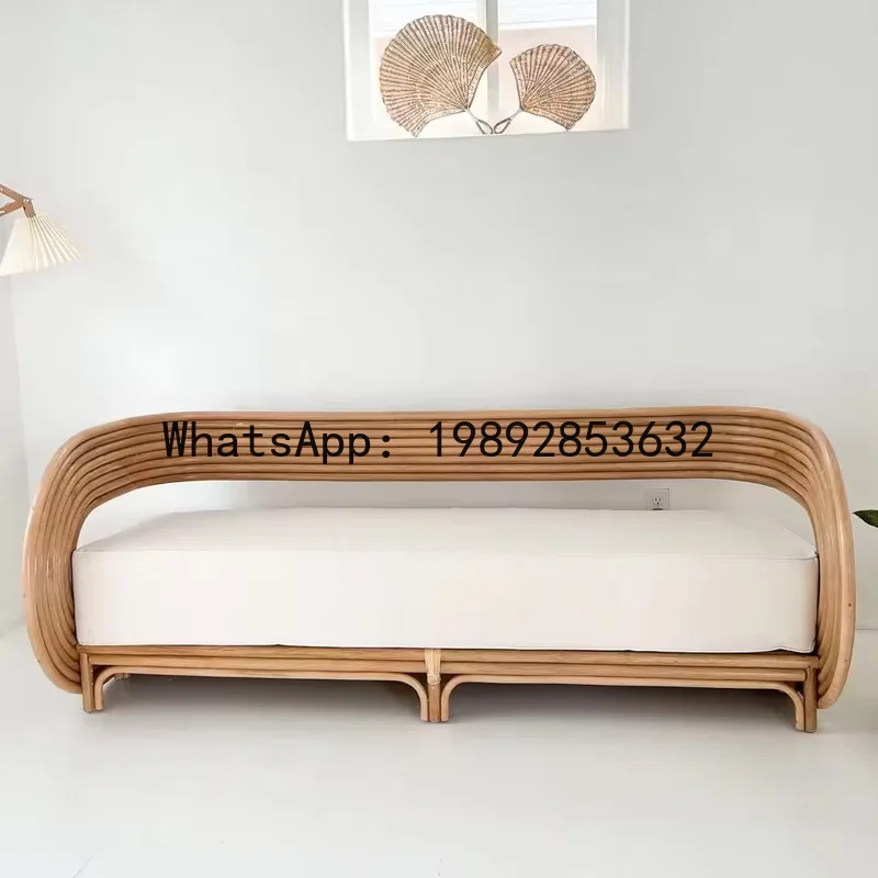 Three-Seater Full Rattan Sofa for Living Room, Nordic Style Indoor Natural Rattan Woven Sofa