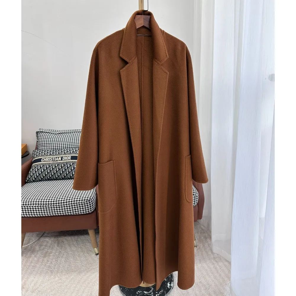 

100% Cashmere Coat, Mid-length Women's High-quality Rippled Wool Max Coat, with Belt Labb Double-sided Cashmere Coat 2023 Winter