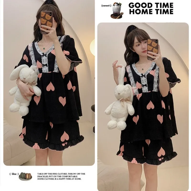 140kg Plus Size Korean Women\'s Sleepwear Students Summer Two Pieces Sets Short Sleeve Cartoon Sweet Loose Fit Home Use Pajama